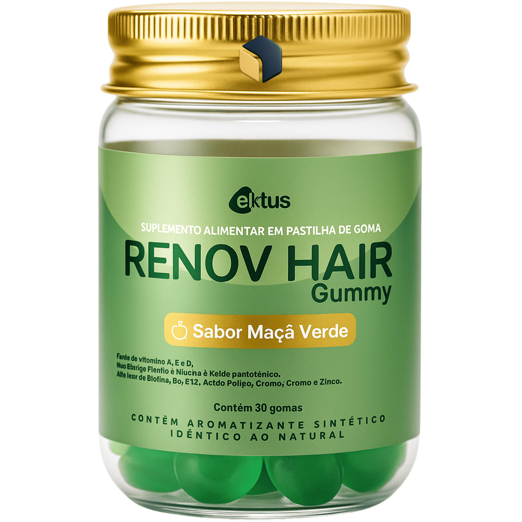 Renov Hair Gummy Ektus – 60 gomas Sabor Maçã Verde – Biotina, Selênio & Cromo para Crescimento Capilar