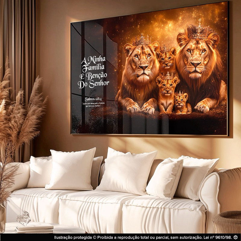 Quadro Decorativo Moderno Leão Leoa Família Benção do Senhor Sala Quarto