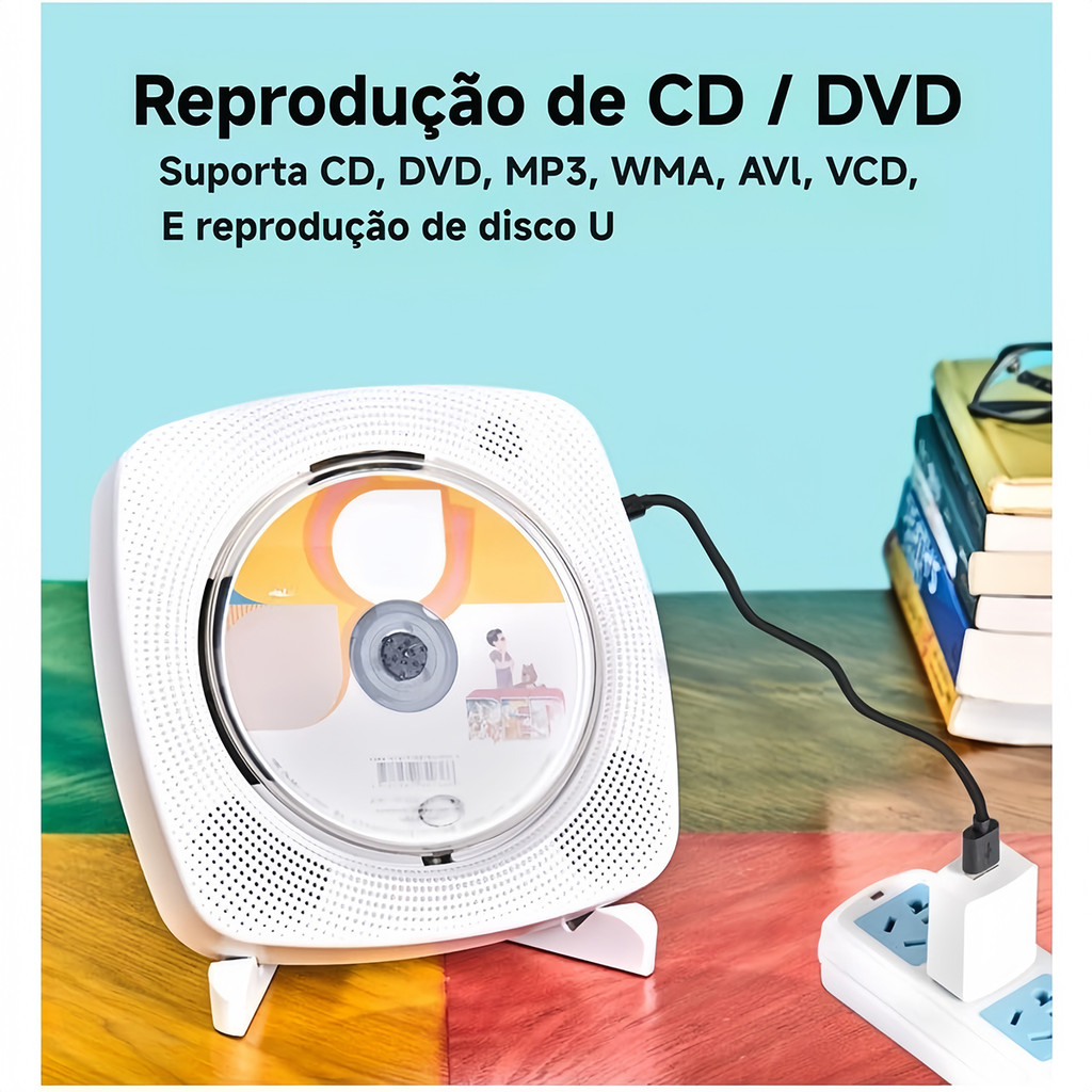 Leitor DVD/CD Portátil com Bluetooth ，Controle Remoto Incluso ，Suporta MP3/WMA/AVI ，Música em Qualquer Lugar
