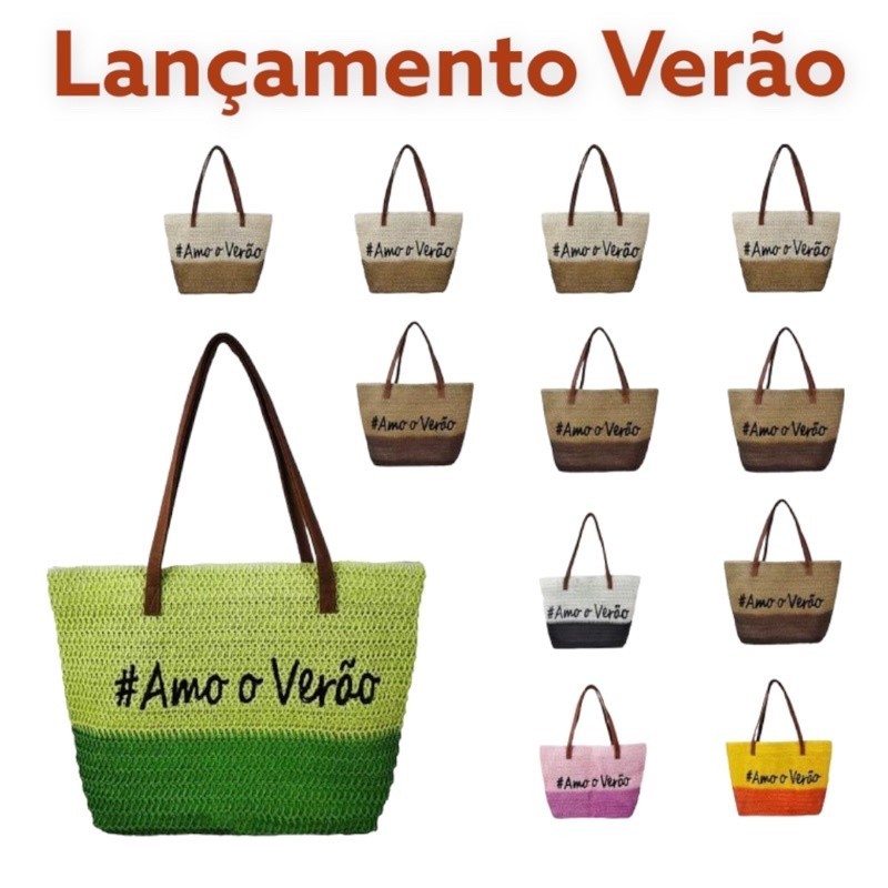 Bolsa Praia Palha Artesanal Amo Verão Sacola Feminina Ombro