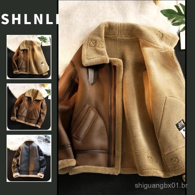 Jaqueta Masculina de Couro PU Slim Casual Retro com Gola Polo de Manga Longa Versátil com Zíper para Outono e Inverno 1I