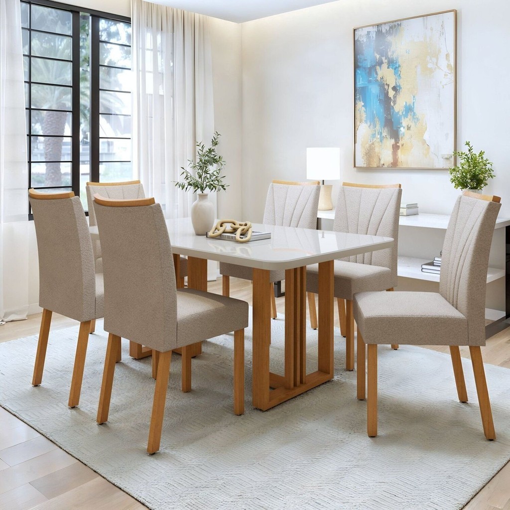 Conjunto Sala de Jantar 6 Lugares Retangular Tampo Vidro/MDF Mesa Bold e Cadeiras Pés Madeira Jade