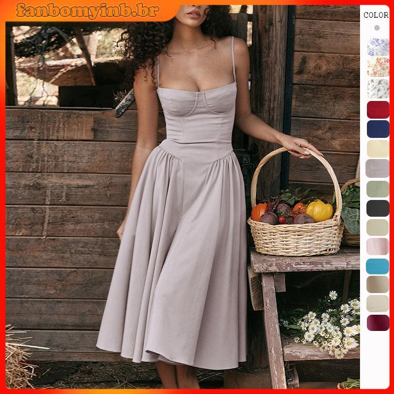 Vestido Longo Feminino de Verão 2024 | Estilo Retrô Francês com Suspensórios e Detalhes de Palácio