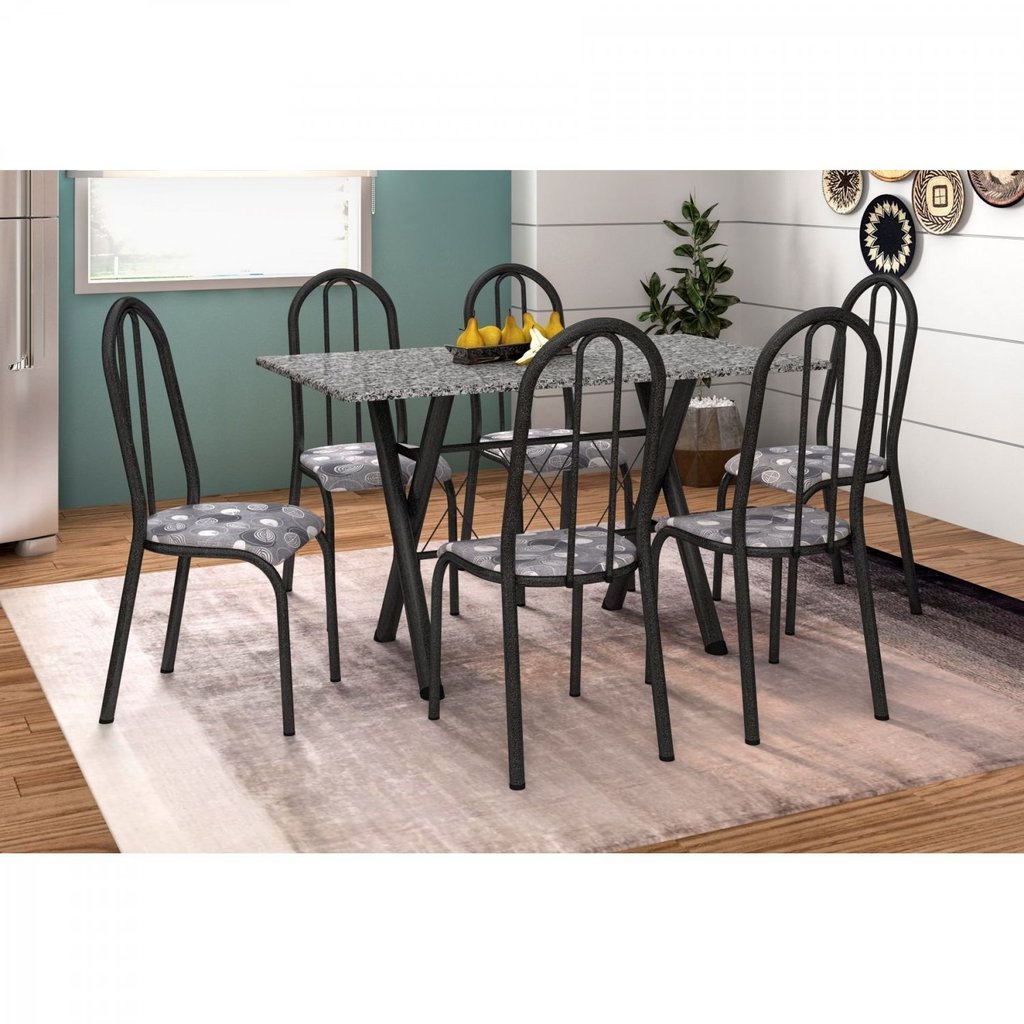 Conjunto Sala de Jantar 6 Cadeiras Mesa Retangular Tampo em Granito Deise  Preto Craqueado/ Prata