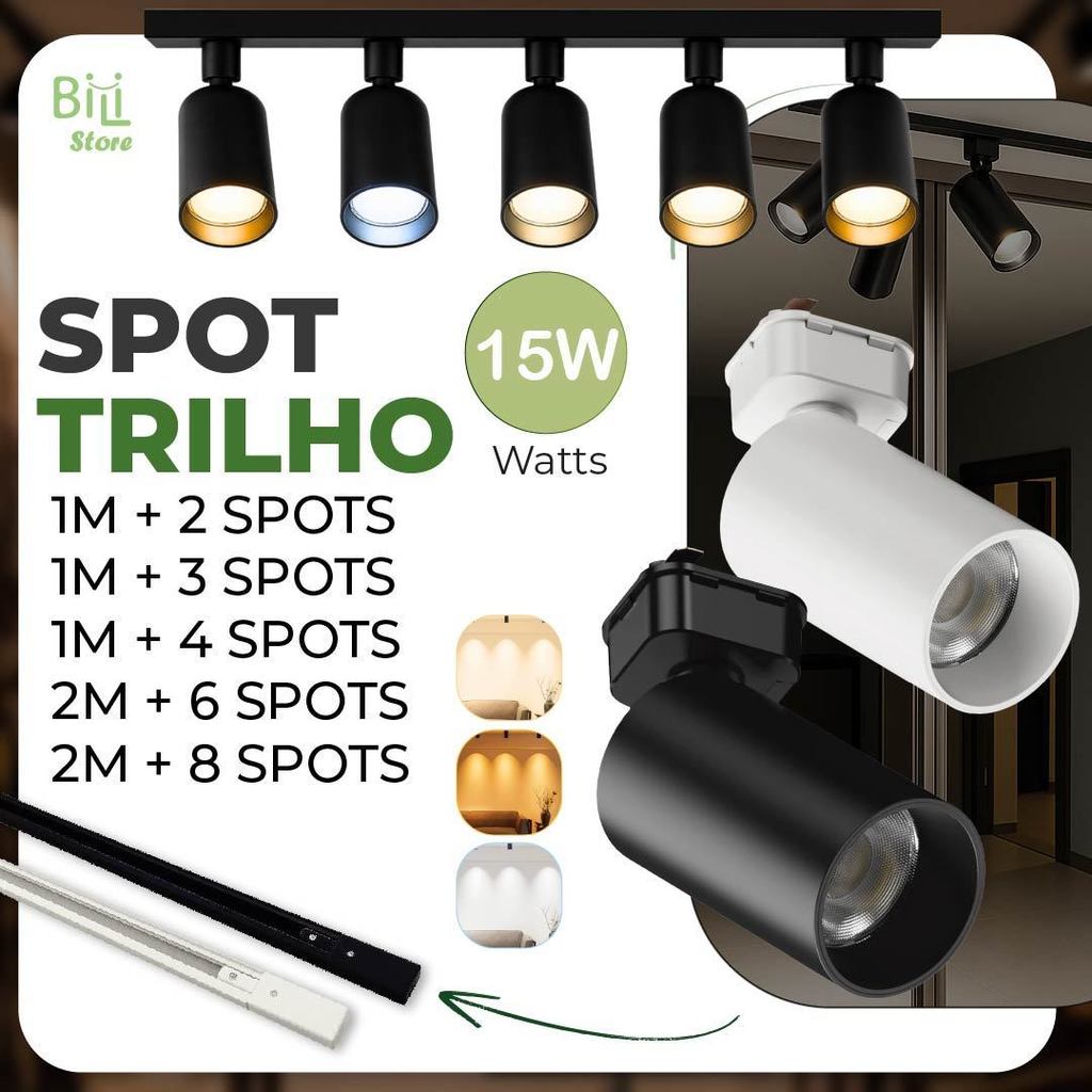 Trilho Spot LED para trilho eletrificado + Trilho + Conector Tubinho Preto e Branco 15W Bivolt em Oferta na Shopee