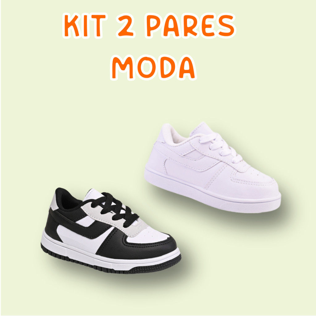 Kit 2 Tênis Infantil Babe Branco Preto Confortavel Basico -