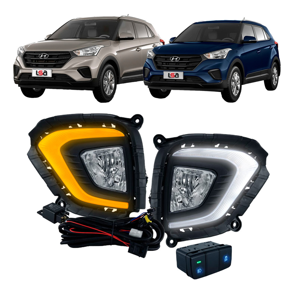 Farol Milha H8 DRL Creta 2020 a 2024 Lente Lisa Moldura Preta Botão Azul Verde Regulagem Manual em Oferta na Shopee