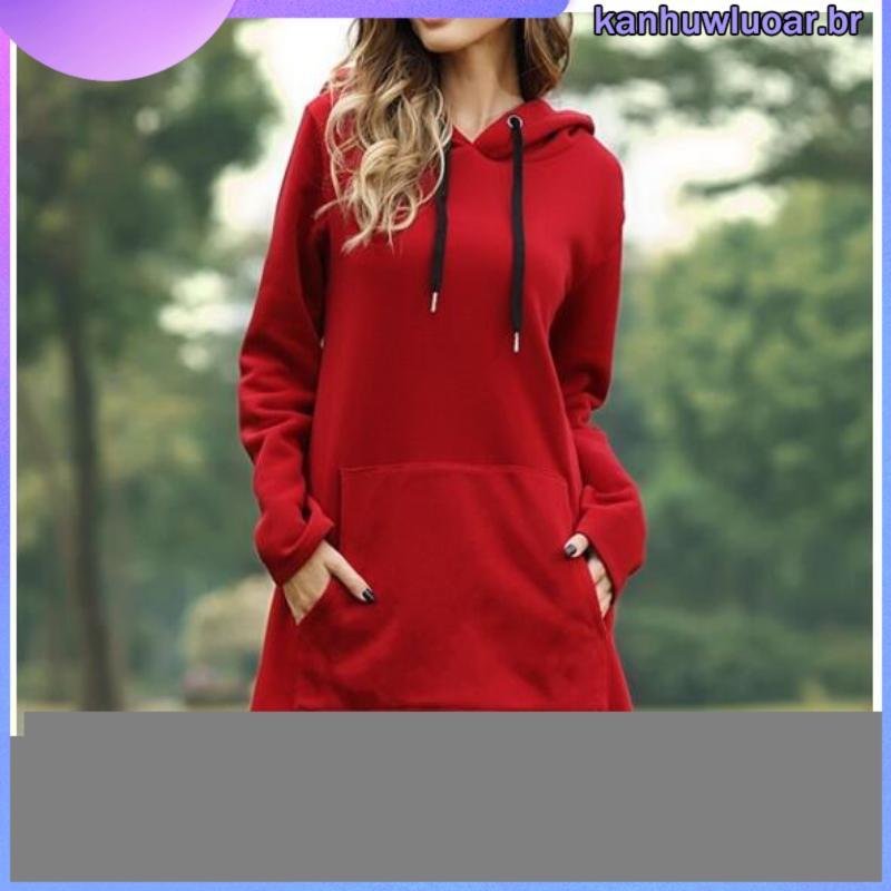 Moda Outono Inverno Feminina De Lã Quente Manga Comprida Com Capuz Top Cor Sólida Solto Fio Vestido De Moletom 5237