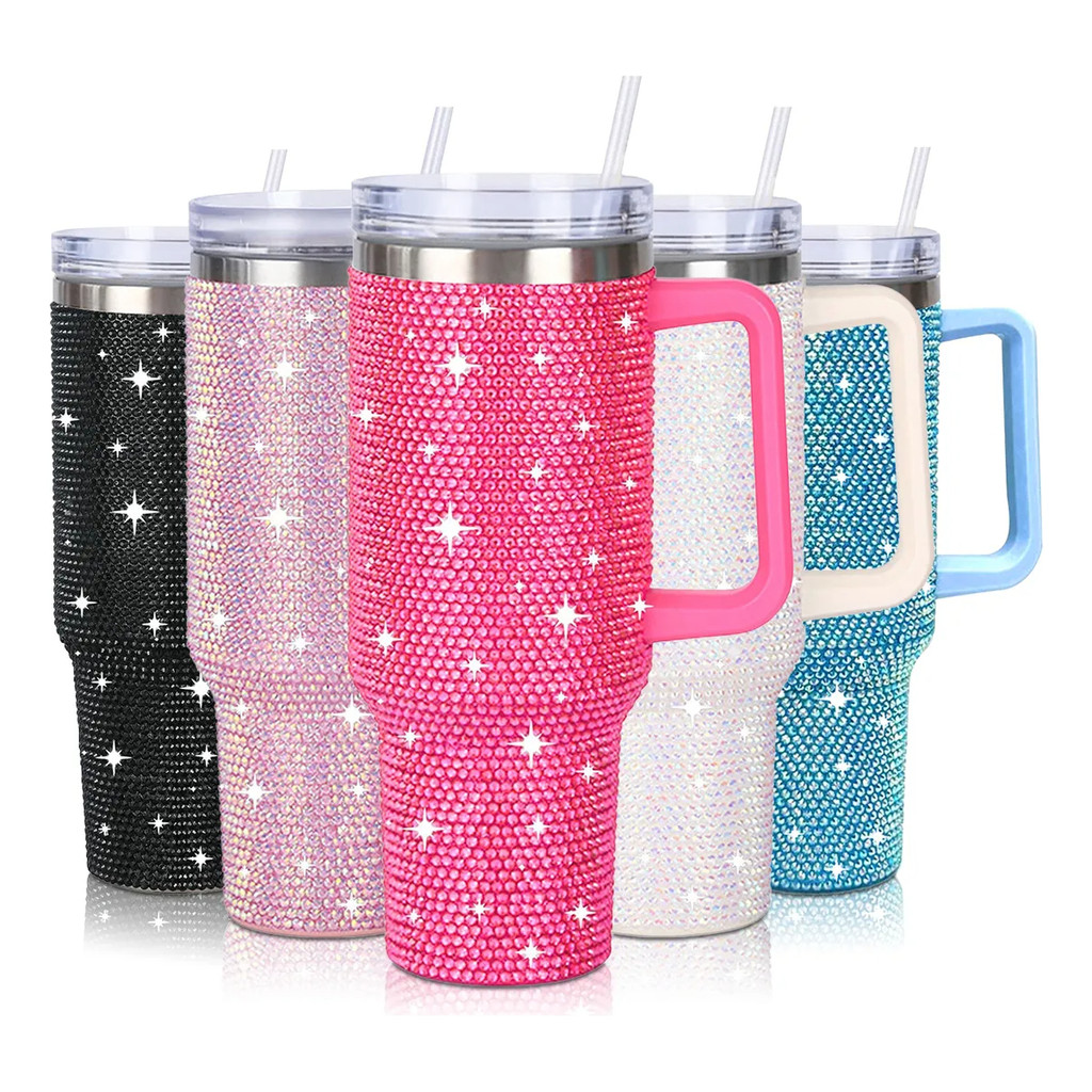 Copo Térmico Garrafa 1,2l Com Strass Brilhante Com Alça Tampa E Canudo Glitter
