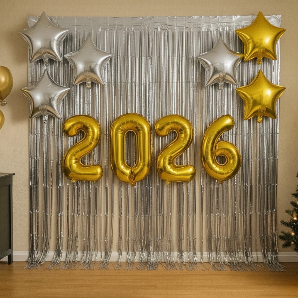 Kit Decoração 2026 Ano Novo 2 Cortinas Metalizadas 1x2m Toalha 6 Balões Estrela 10" Festas...