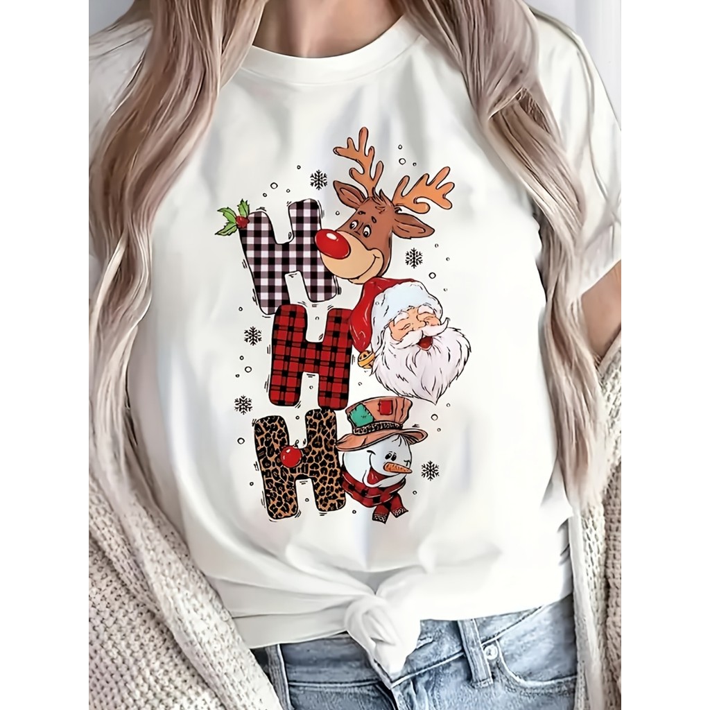 Camiseta feminina com estampa gráfica de Natal, 95% algodão 5% elastano, casual com gola redonda e manga curta, comprime