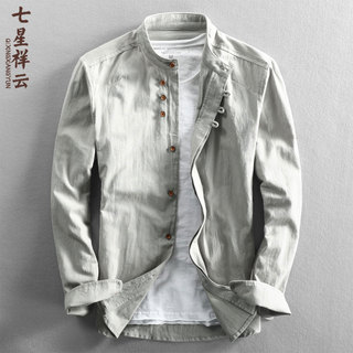 Estilo japonês gola alta camisa de linho masculina manga comprida cor sólida Retro Casual topo solto estilo fino respirá