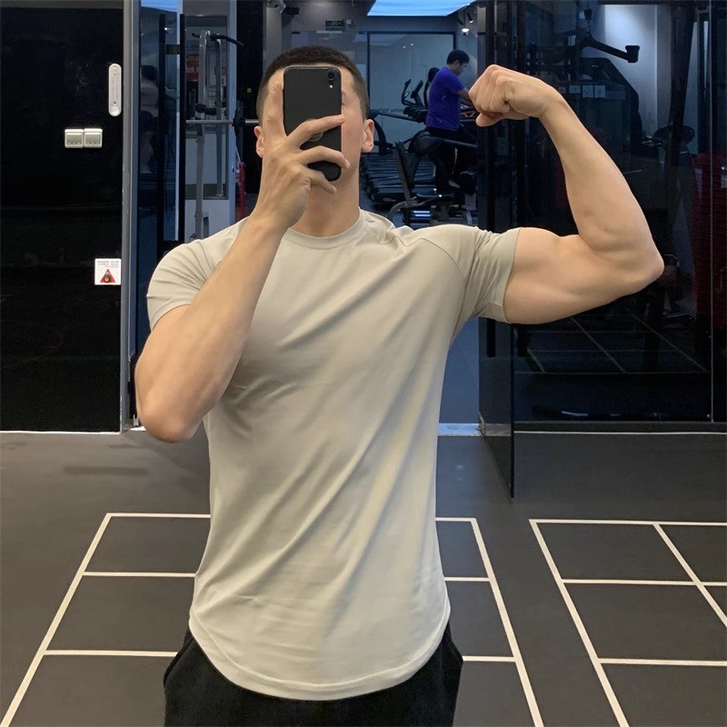 Camiseta de manga curta masculina verão de secagem rápida esportes lazer correndo treinamento de Fitness estiramento cas