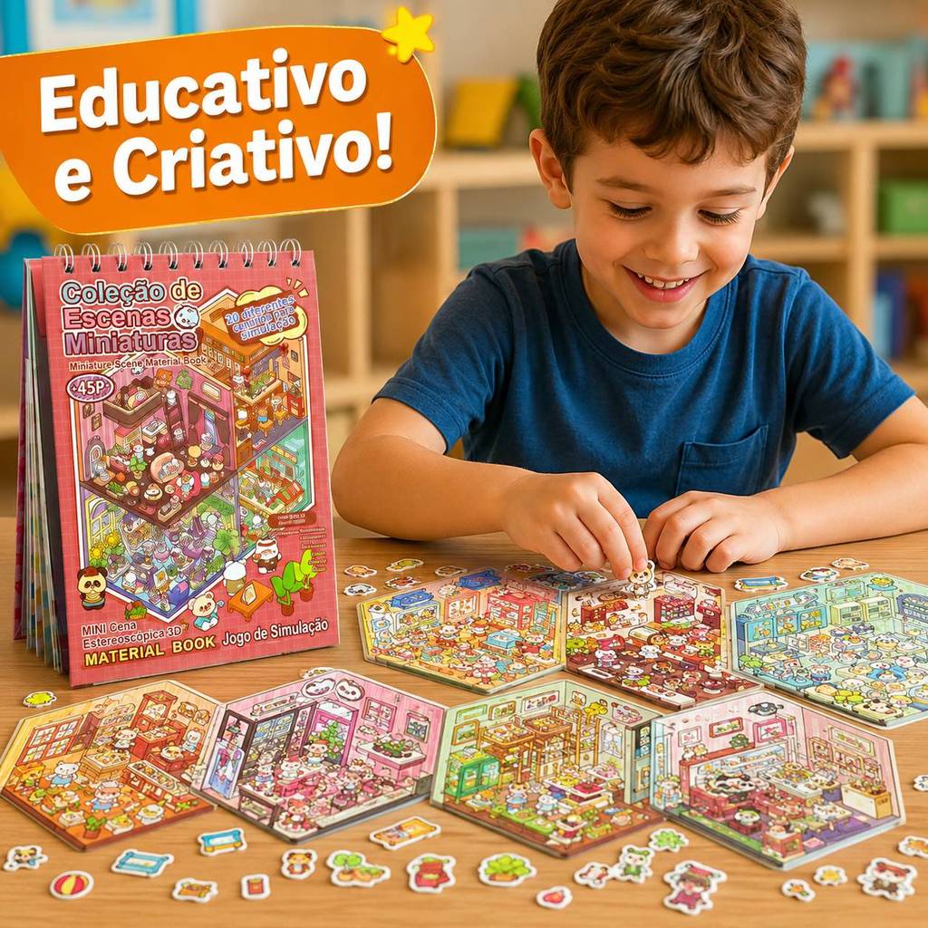 Caderno com Adesivos 3D Livro Cenários Kawaii DIY Scrapbooking Paisagismo Fofo