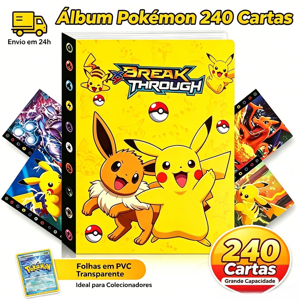 Porta Cartas Pokémon Álbum Fichário TCG 240 Cards Futebol Copa 2026 Pikachu Coleção Figurinhas