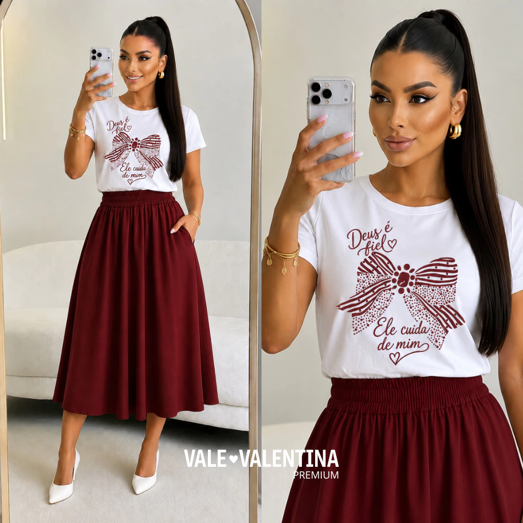 Conjunto Feminino Saia Midi zero transparência + Blusa Algodão Evangélico Elegante Roupa para Igreja Culto Dia a Dia — imagem 1