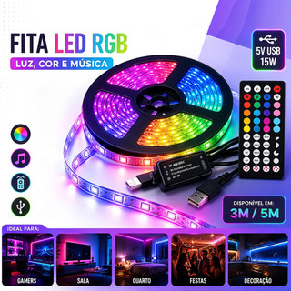 🔥 🌈 Fita LED RGB 5050 16 Milhões De Cores 3M/5M | Luz Sincronizada Música Controle 44 Teclas 5V USB