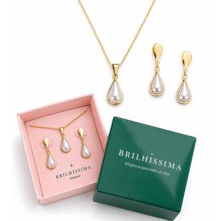 Conjunto colar brinco pérola gota folheado em ouro presente