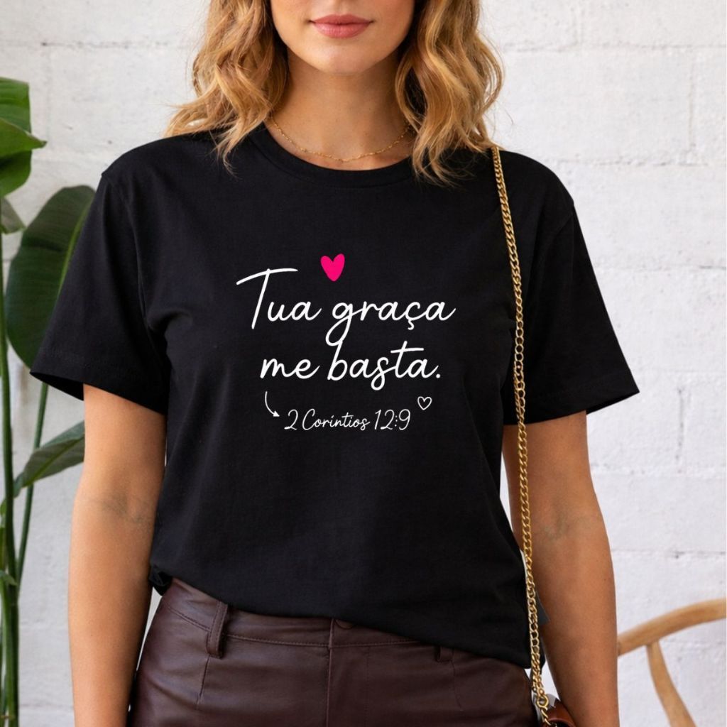 Camiseta Feminina Delicada Fofa Estampa Tua Graça me Basta Blusa Cristã Confortável Algodão 100%