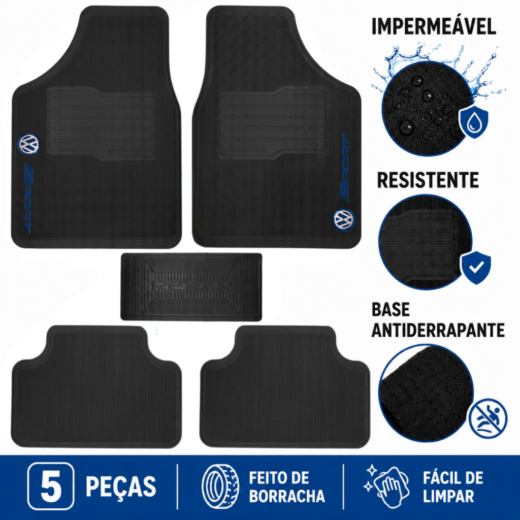 Tapete Borracha Carro VW 5 Peças Antiderrapante Impermeável Polo Saveiro Virtus Nivus T-Cross Gol