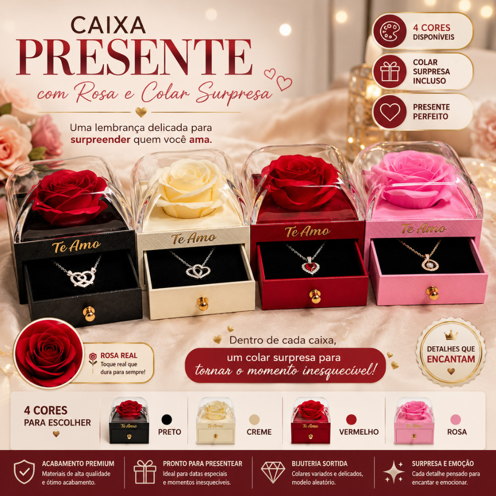 Colar Feminino Com Caixa Porta Joias Rosa Decorativa Presente Romântico Namorada Esposa Mãe Luxo