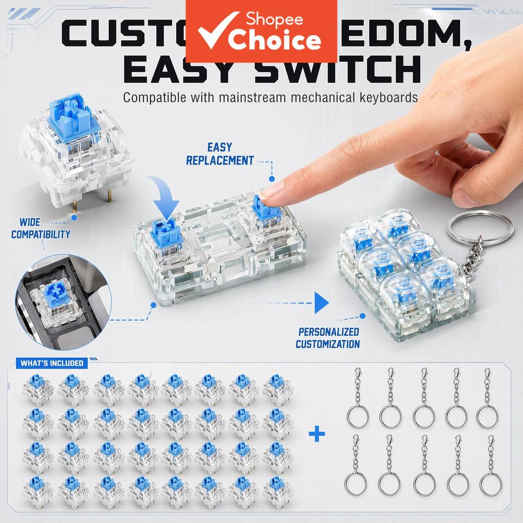 Kit Fidget de Interruptor Mecânico com 50 Peças de Interruptor Azul, 10 Anéis de Chaveiro, Alívio de Estresse, Teclado