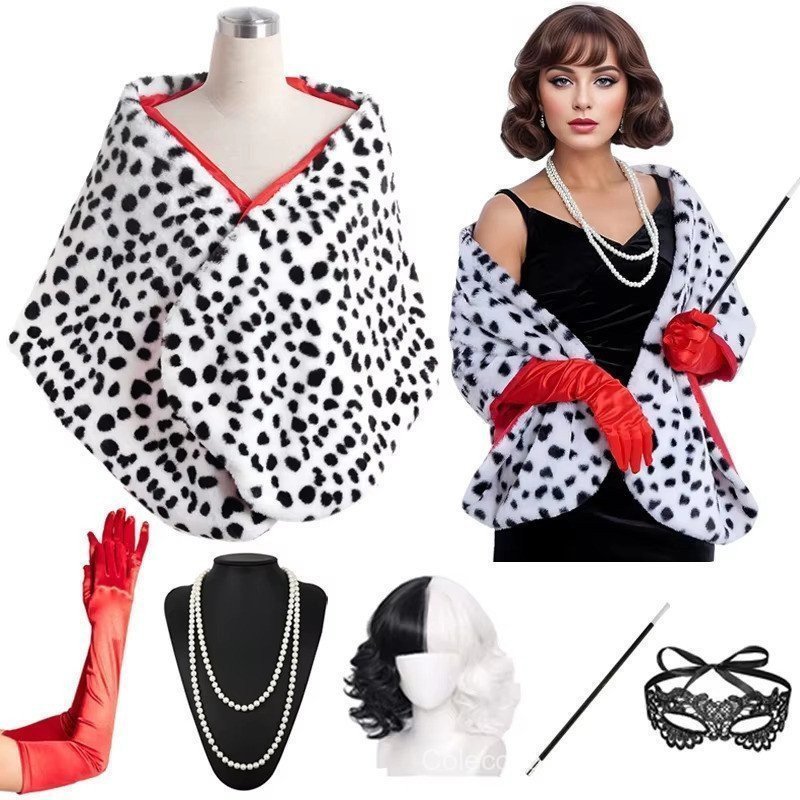Fantasia de Cruella Deville para Mulheres com Xale Estampado de Dálmatas, Cachecol Preto e Branco, Fantasia de Halloween