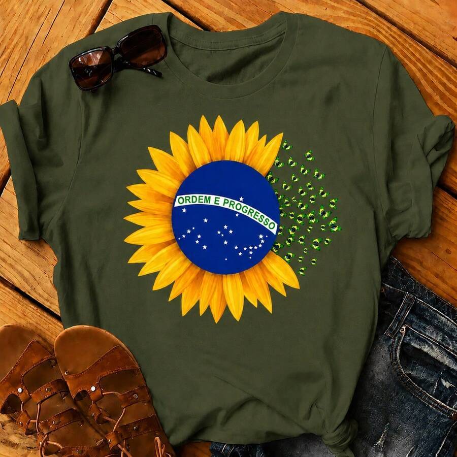 Camiseta Feminina 100% Algodão Casual Confortável Manga Curta Girassol e Borboletas