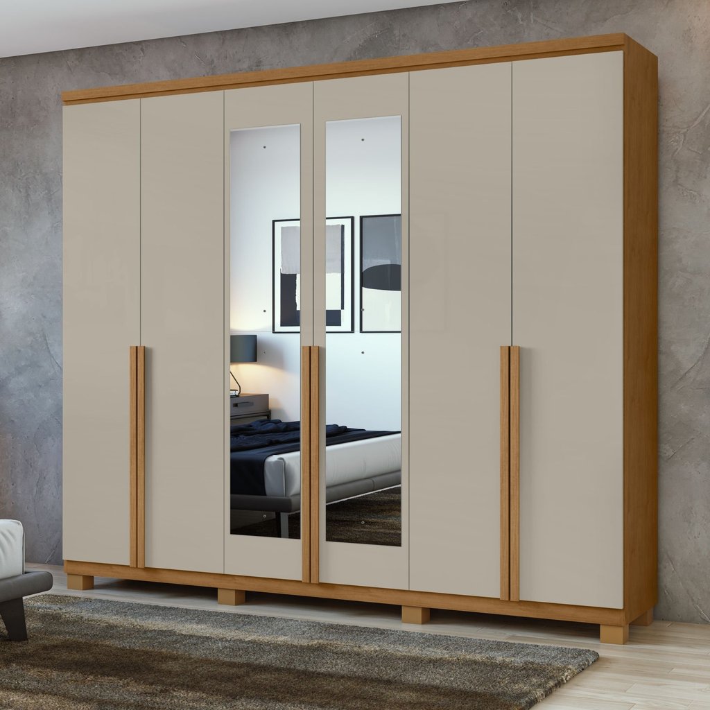 Guarda-Roupa Casal 6 Portas 4 Gavetas com Espelho e Pés MDF 230cm Alonzo Marrom Amêndoa Clean/Off White Amêndoa