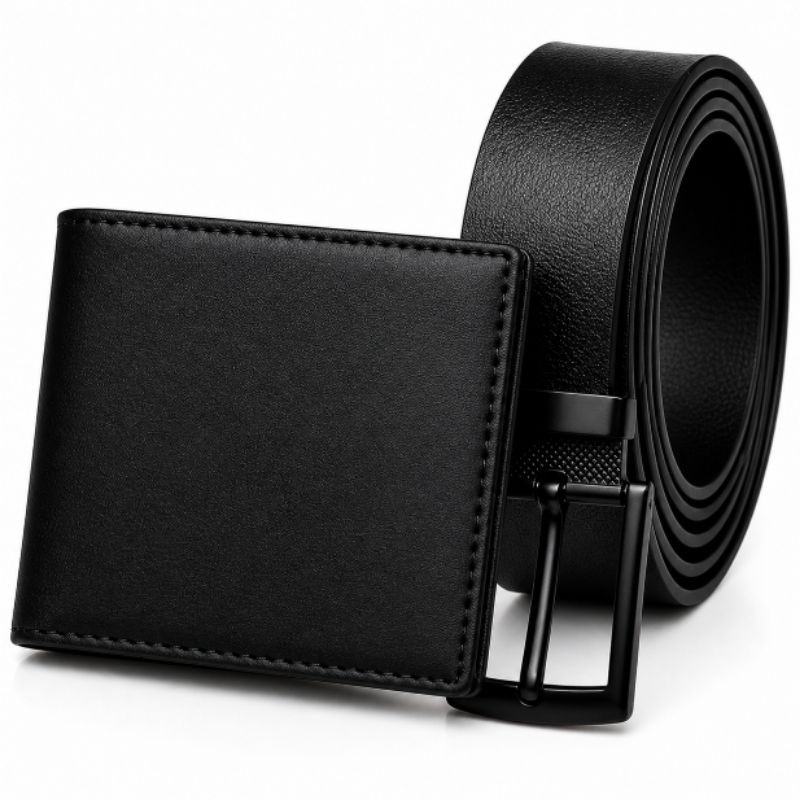 Kit Carteira Masculina Couro P.U Lisa + Cinto Couro Montana Fivela Preta
