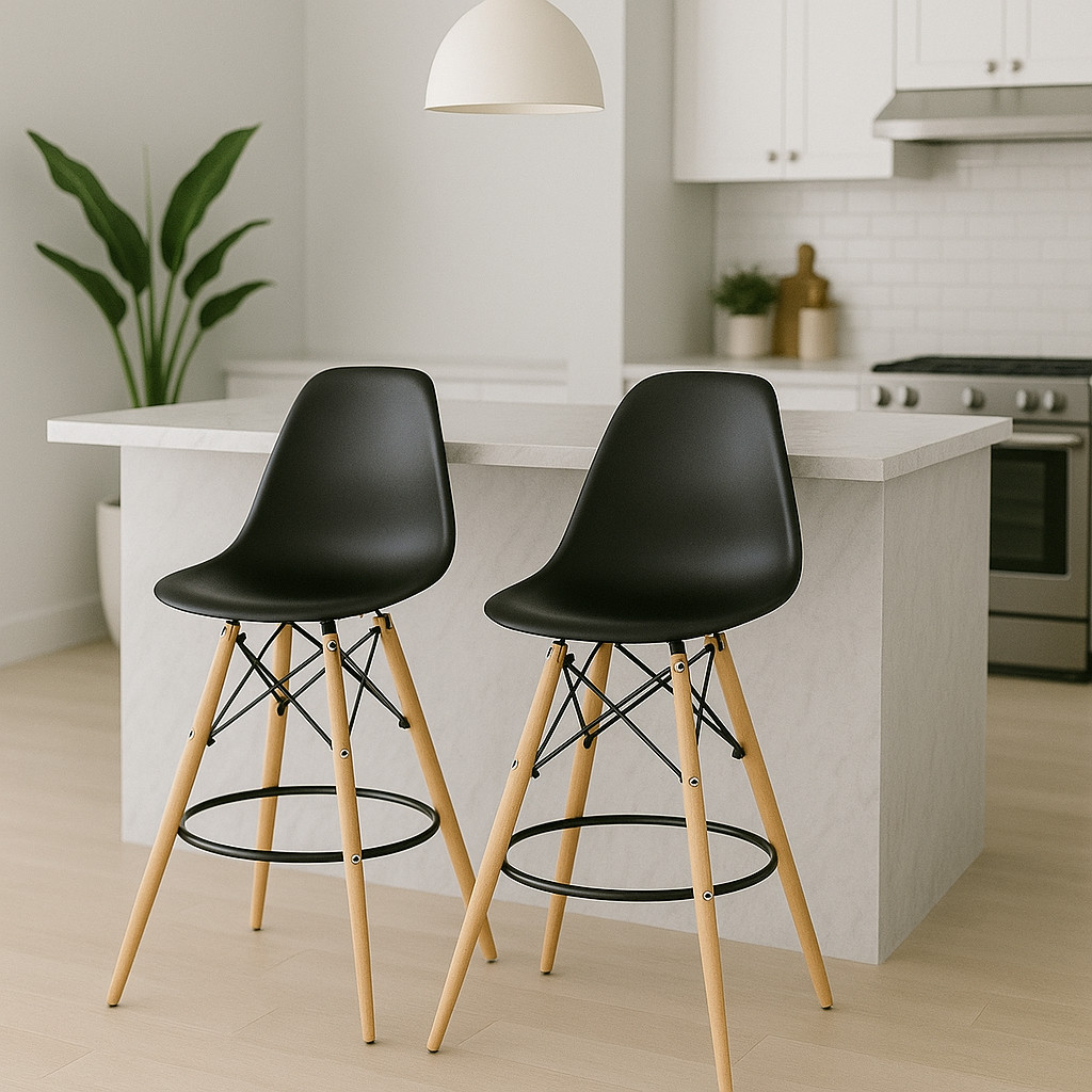 Conjunto 2 Banquetas Charles Eames DSW com Base Madeira para Cozinha e Área Gourmet