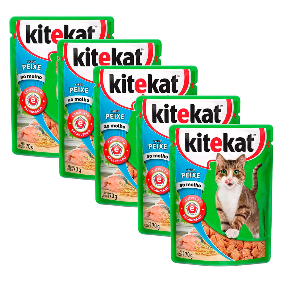 Kit 5 Ração Úmida para Gatos KiteKat Adulto Sabor Peixe ao Molho em Sachê 70g