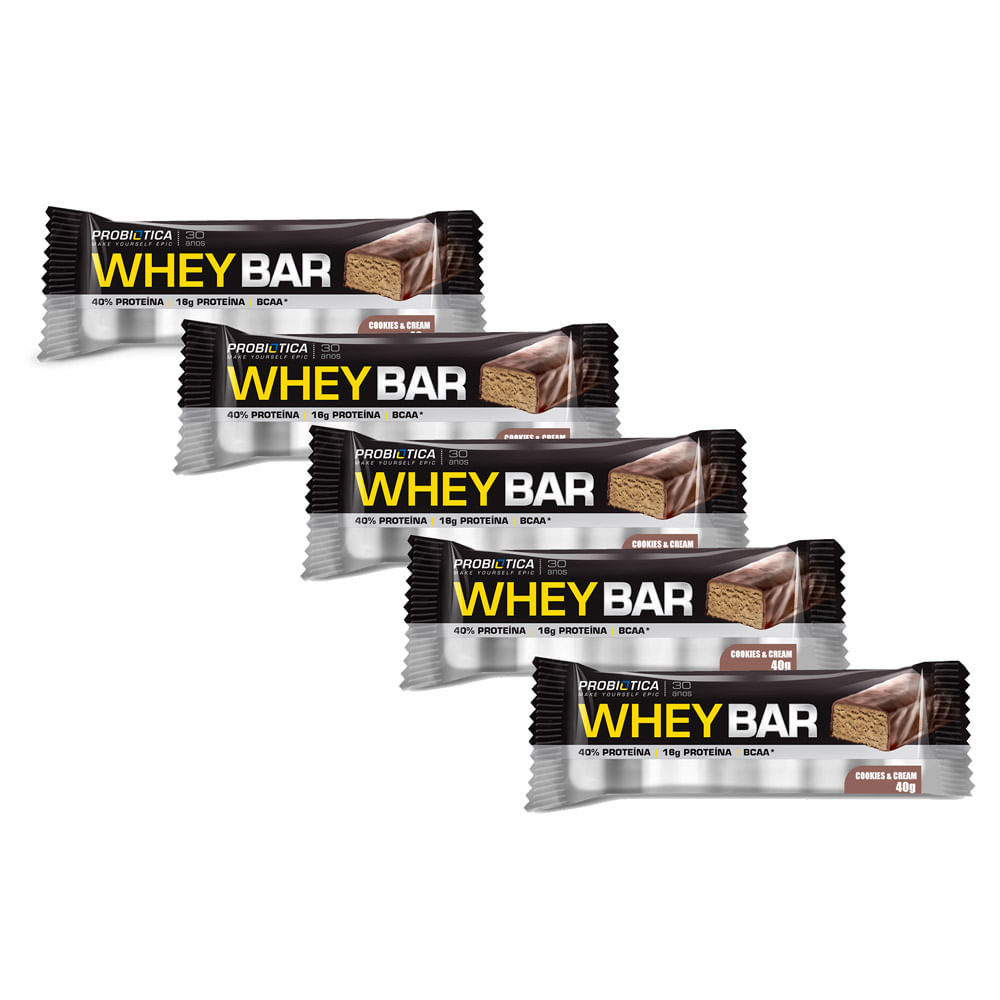 Kit 5 Barra de Proteína Whey Bar Probiótica Sabor Cookies & Cream com BCAA e 16g de Proteína 40g