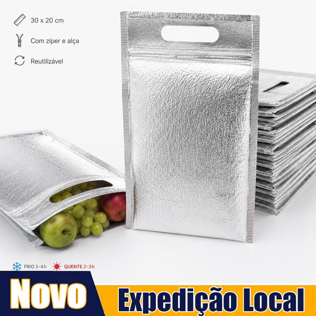 Bolsa Térmica Reutilizável 30x20cm Kit 10 Unidades Aluminizadas com Zíper e Alça para Comida e Bebidas
