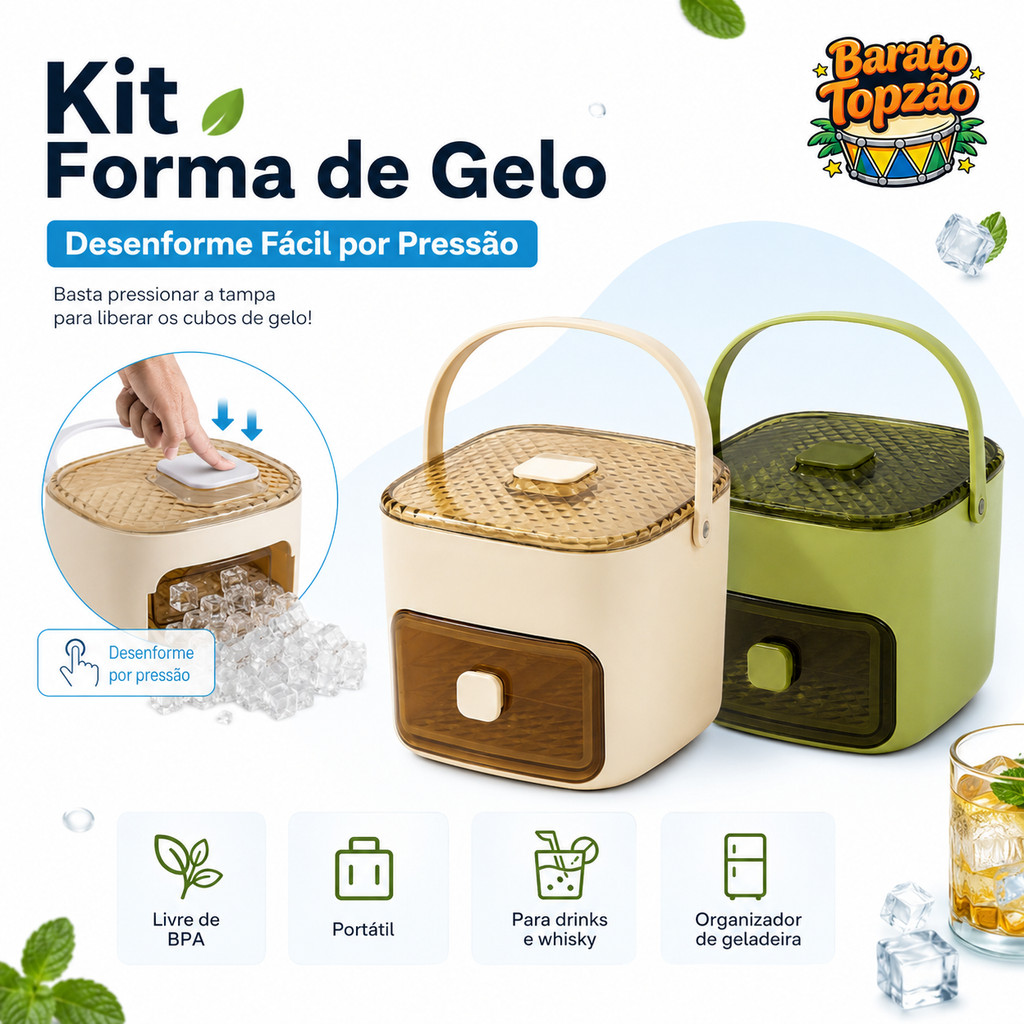 Kit Forma Balde Gelo Tampa Alca Desenforme Pressao Fabricador Cubos Grande Livre BPA Drinks Bar - Envio Imediato