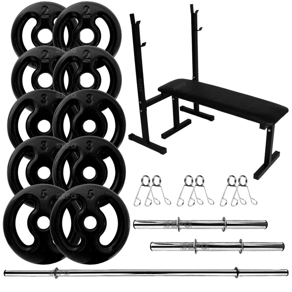 Kit Completo 30Kg Anilhas Emborrachadas Pretas com Barras + Banco para Supino