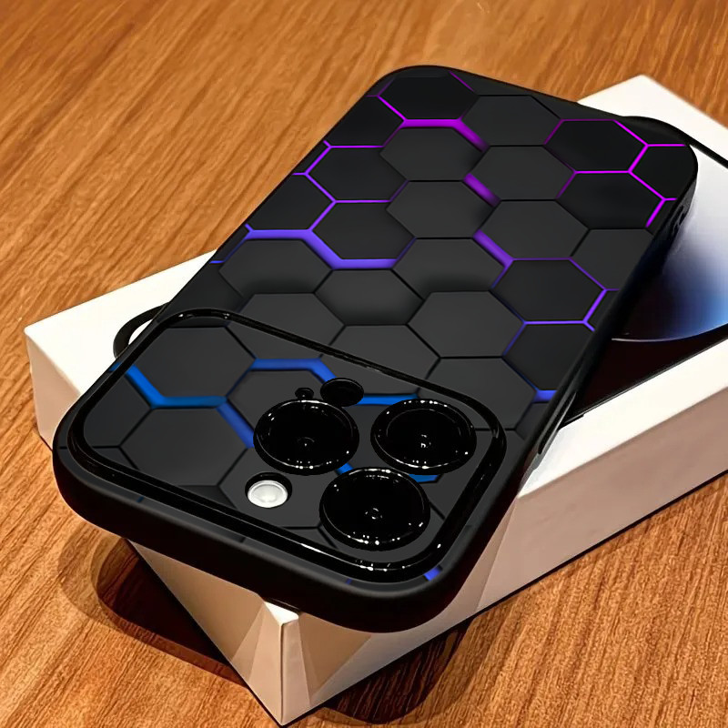 Hexágono Grade Tecnologia Caso De Telefone Para iPhone 15 16 17 Pro Max 14 13 12 11 16e 7 8 Plus SE2 XS X XR Fosco Capa