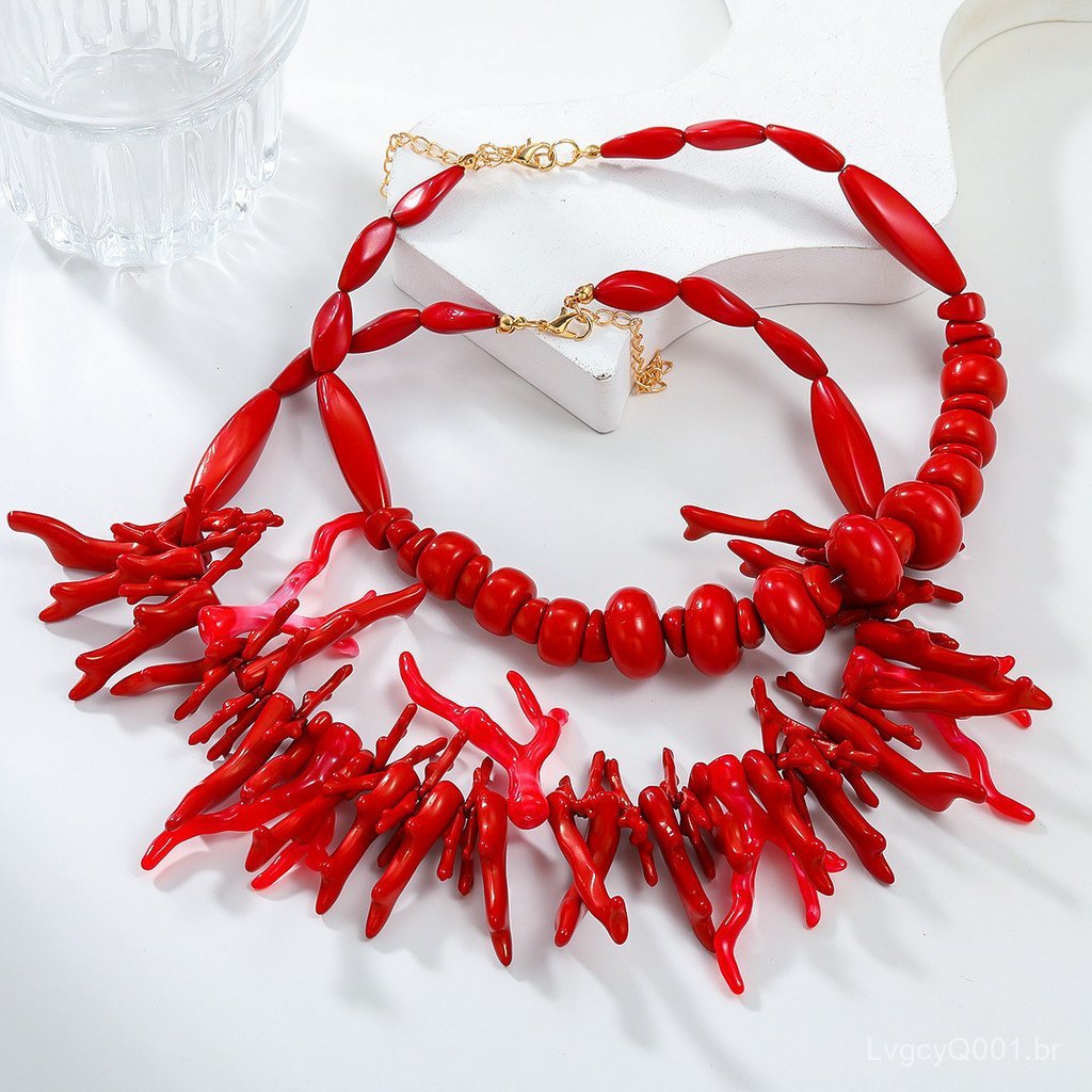 Conjunto De Duas Peças De Colar De coral Vermelho , Acessórios Europeus E Americanos Transfronteiriços De Estilo Boêmio 