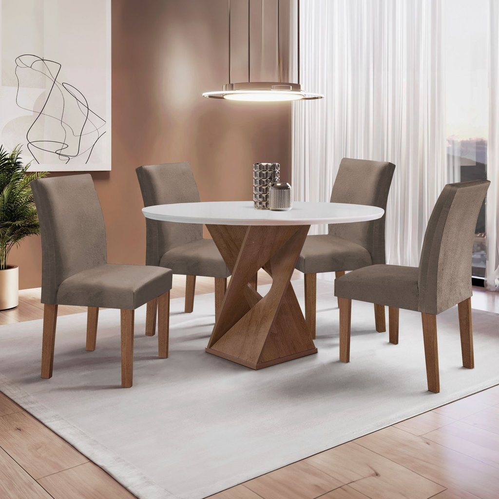 Conjunto Sala de Jantar Mesa Redonda 4 Cadeiras MDF Barcelona Yescasa Chocolate/Off White/Veludo Bege