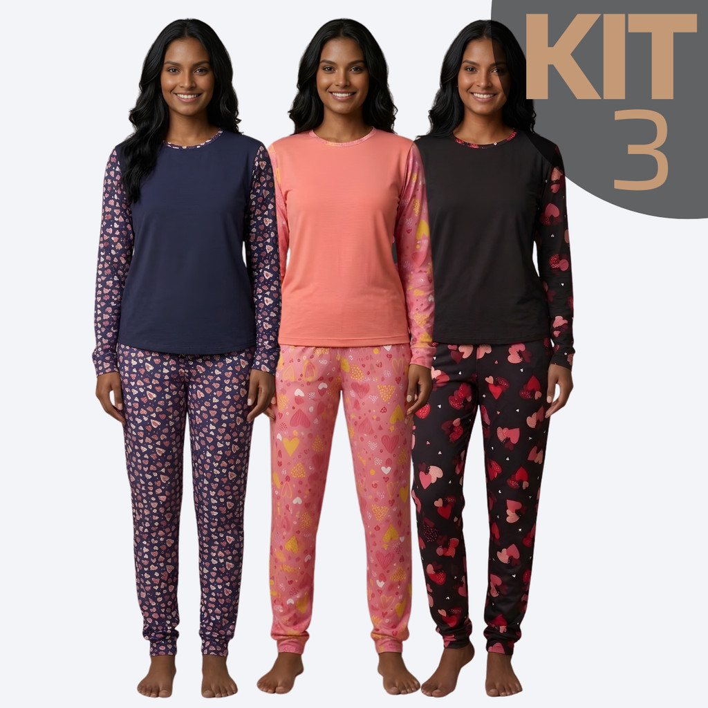 KIT 3 Pijamas Feminino Suede Estampado Inverno Longo Fechado Manga Comprida Conjunto Conforto Cores Variadas
