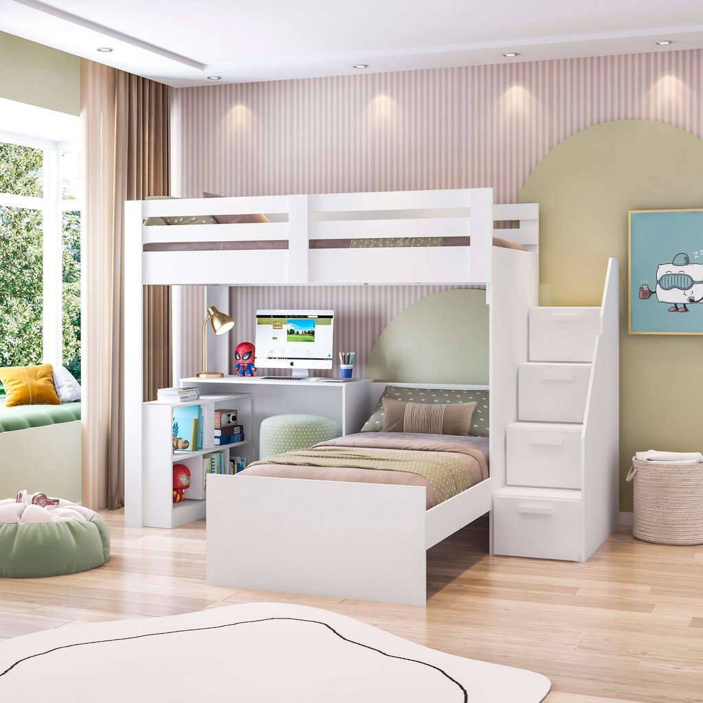 Beliche Star Office Infantil/Juvenil Multifuncional com Escrivaninha Casatema MadeiraOriginals Branc Branco