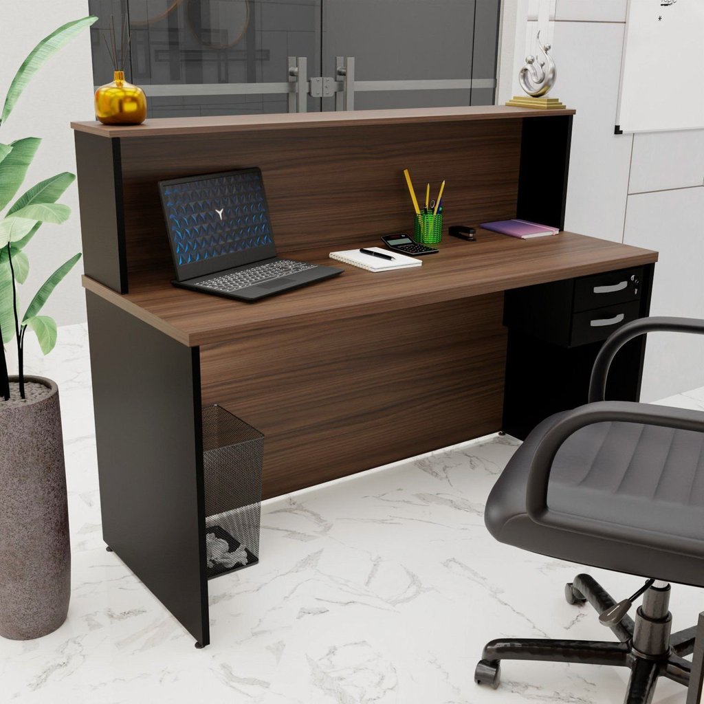 Balcão Atendimento Recepção Consultório 140x60cm com Gaveta Marrom/Nogal Nogal/Preto