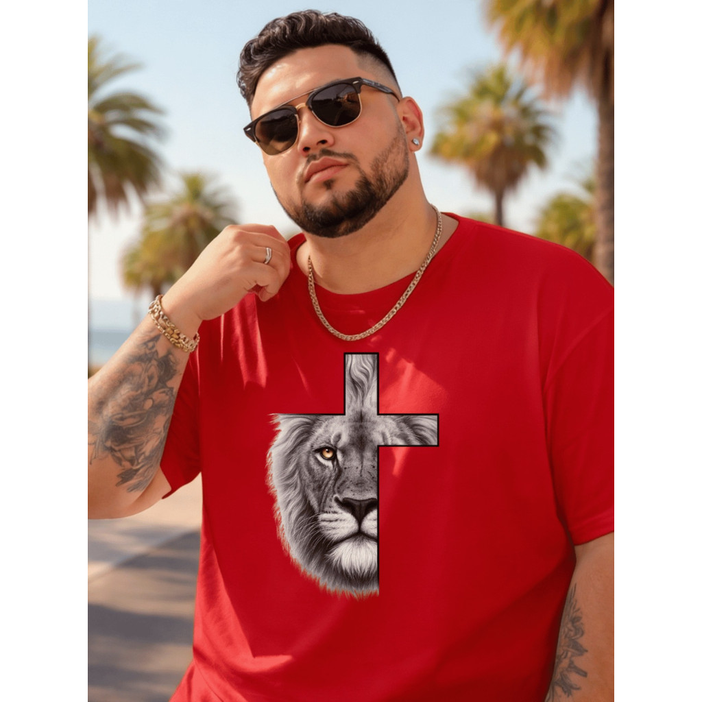 Camiseta Masculina de Cruz e Leão, Camiseta Confortável para Treino na Academia e Verão, Modelo Oversized