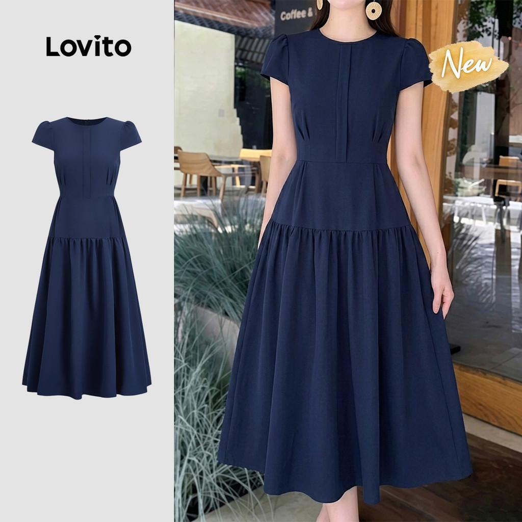 (New Arrival) Lovito Vestido Azulmarinho Elegante com Drapeado e Linha Estrutura