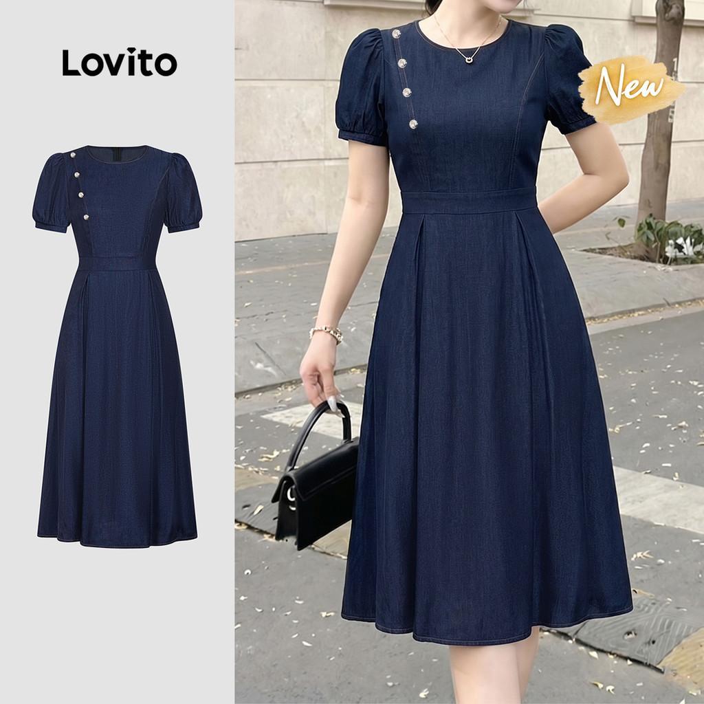 (New Arrival) Lovito Vestido Elegante com Botões Drapeado Azul Marinho de Primav