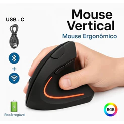 Mouse Vertical Ergonômico Sem Fio Recarregável USB Bluetooth Silencioso Ortopédico Mão Direita PC Gamer Super
