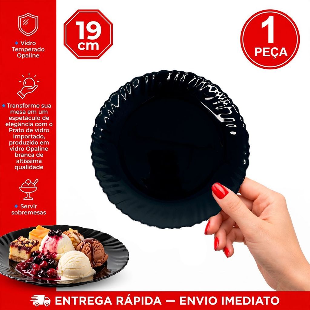 Prato Sobremesa Vidro trabalhado Opaline preto black 19cm importado Reposição 01 peça