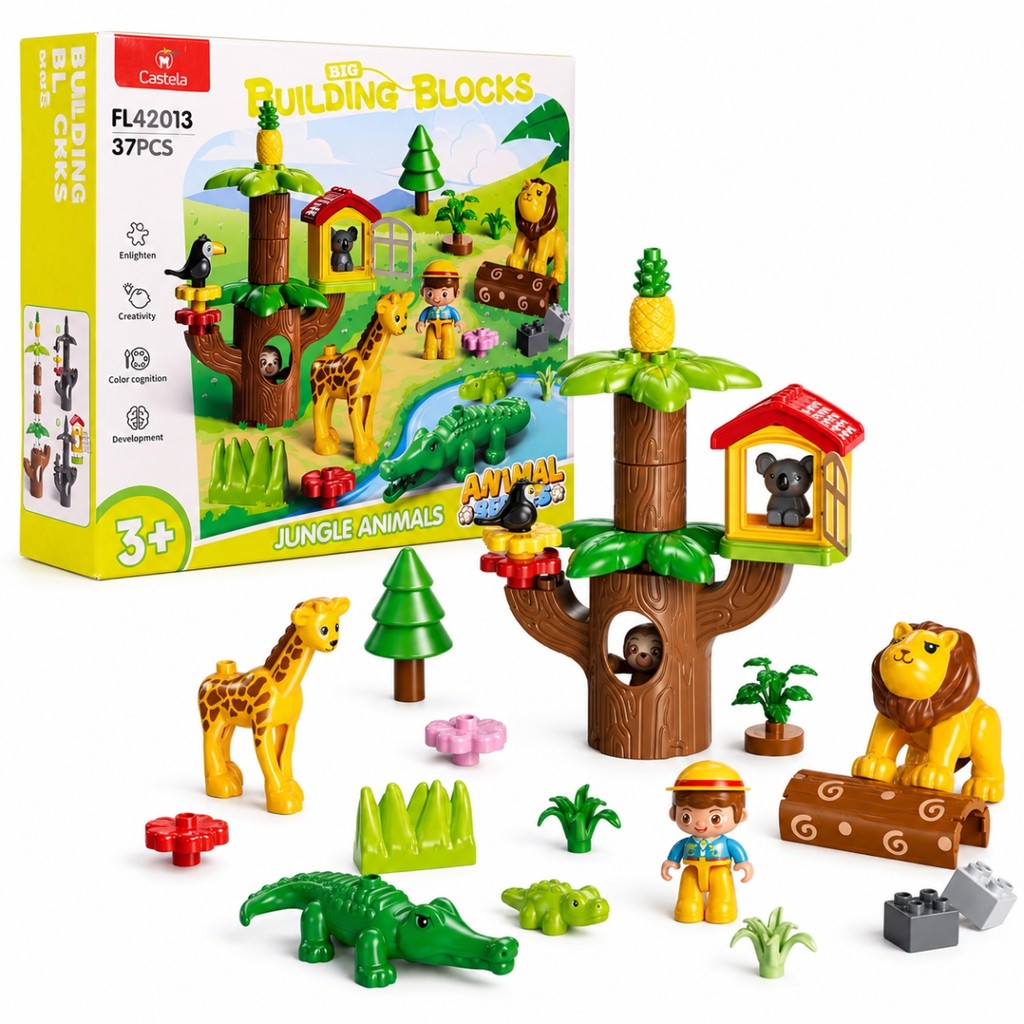 Blocos De Montar Educativo Animais Diversos Castela 37 Peças Tucano Árvores Brinquedo Infantil Bebê Didático Criativo