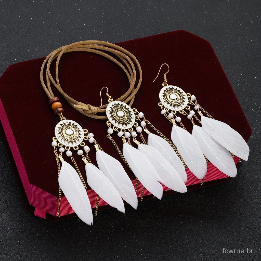 Conjunto De Brincos Pendurados De Penas Brancas Boho Mulher Retro Sun Pattern Brinco Borla Colar Noiva Jóias De Casamen