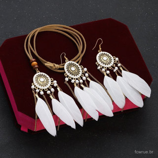 Conjunto De Brincos Pendurados De Penas Brancas Boho Mulher Retro Sun Pattern Brinco Borla Colar Noiva Jóias De Casamen